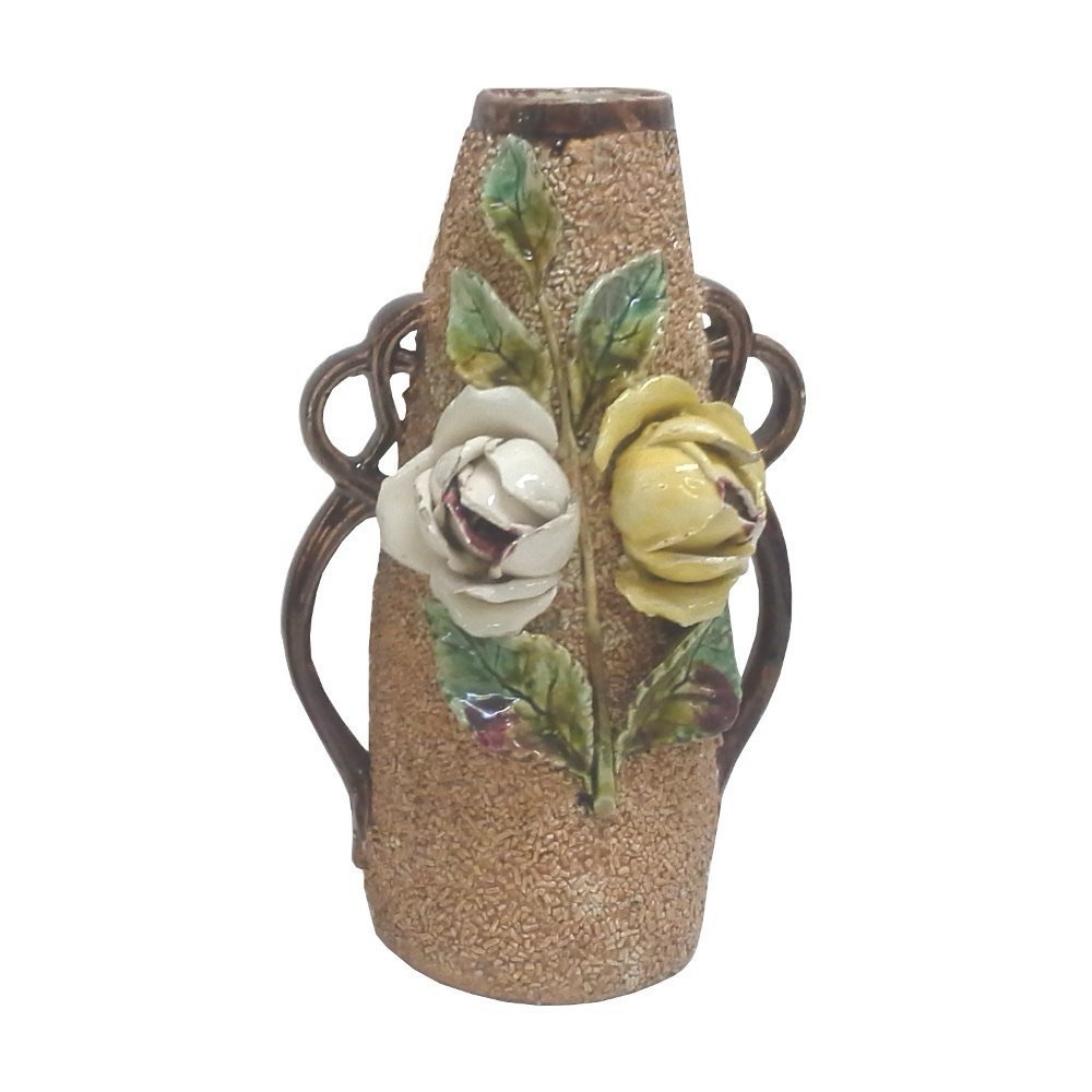 Vintage English Majolica Style Vase Ceramic Yellow White Rose Brown Sandstone